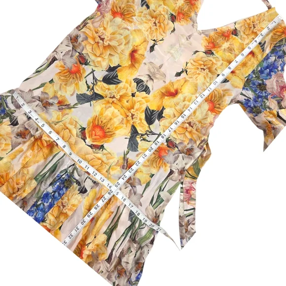 Uli Herzner Silk Floral Yellow Blue Long Baloon Sleeve V-neck Maxi Dress S/M - Picture 3 of 8